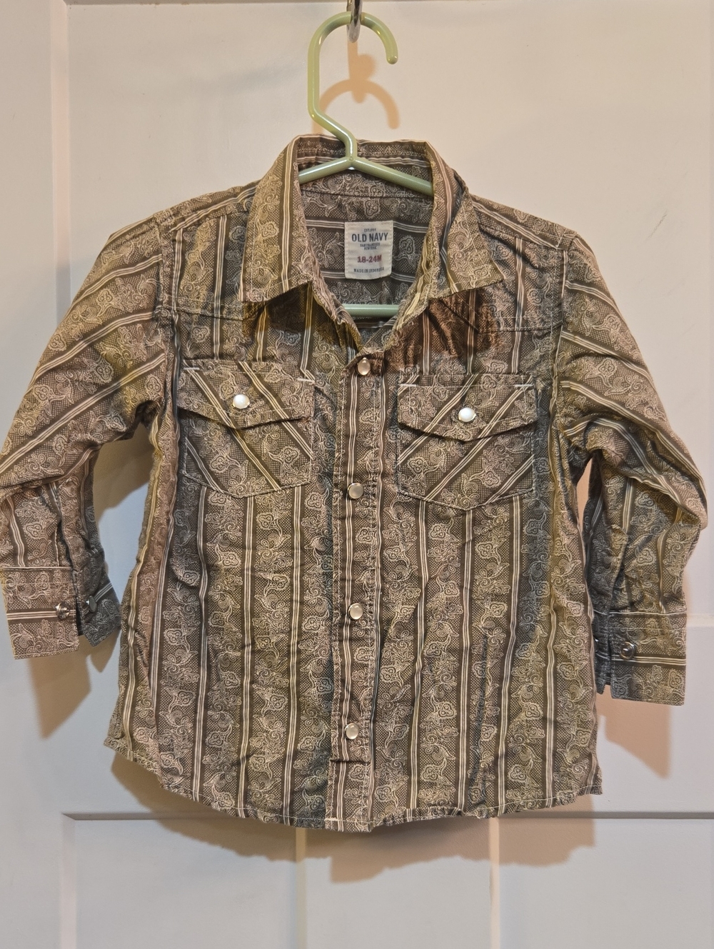 Old Navy Toddler Olive Paisley Stripe Button-Down Western Shirt Size18-24 months